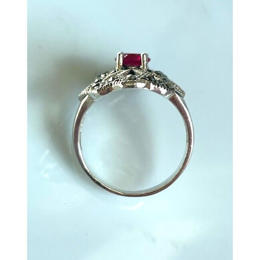 925 STERLING SILVER LAB-CREATED RUBY AND MARCASITES ART DECO STYLE RING SIZE SKY