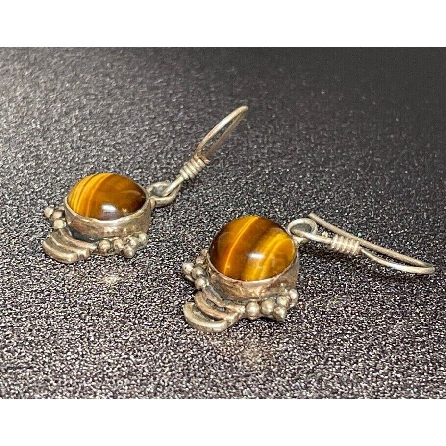 925 STERLING SILVER & TIGER'S EYE DANGLE EARRINGS SKY