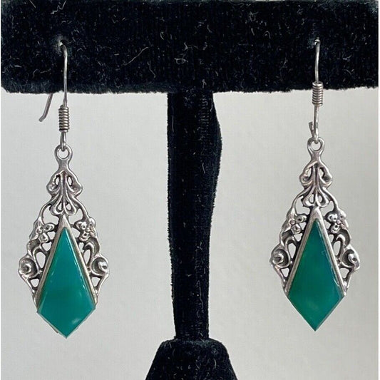 925 STERLING SILVER GREEN JADE DANGLE EARRINGS SKY