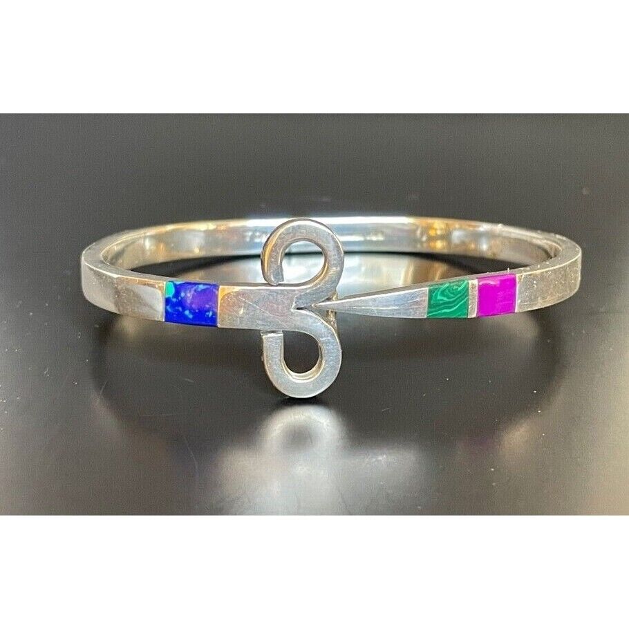 MODERNIST TAXCO 925 STERLING SILVER GEMS INLAID BRACELET SKY