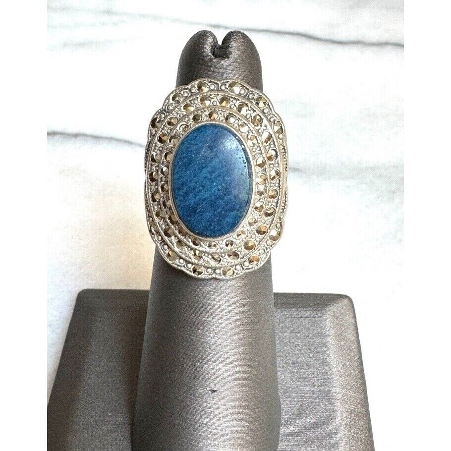 925 STERLING SILVER AZURITE AND MARCASITES RING SIZE 4 SKY