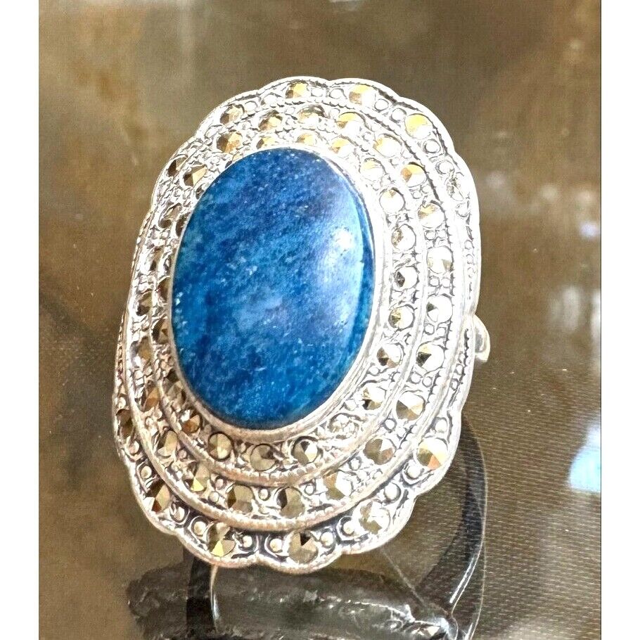 925 STERLING SILVER AZURITE AND MARCASITES RING SIZE 4 SKY