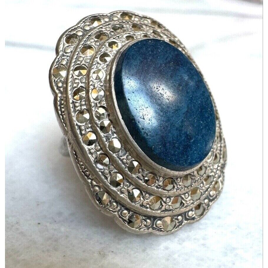 925 STERLING SILVER AZURITE AND MARCASITES RING SIZE 4 SKY