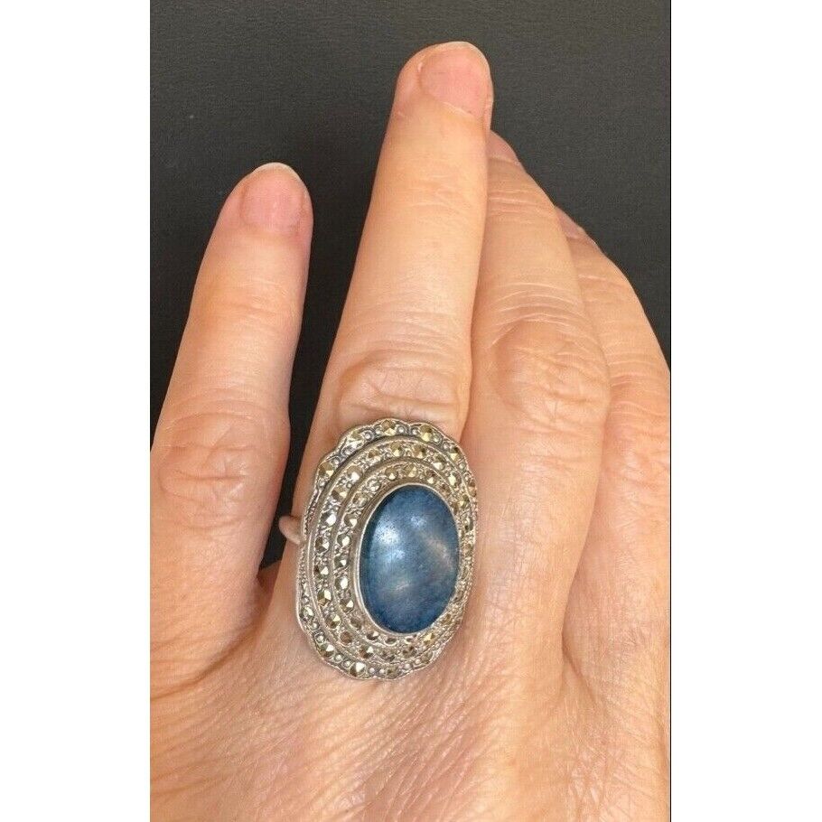 925 STERLING SILVER AZURITE AND MARCASITES RING SIZE 4 SKY