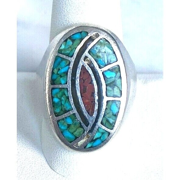 MENS 925 STERLING SILVER TURQUOISE AND CORAL INLAYED OVAL SIGNET RING SIZE SKY