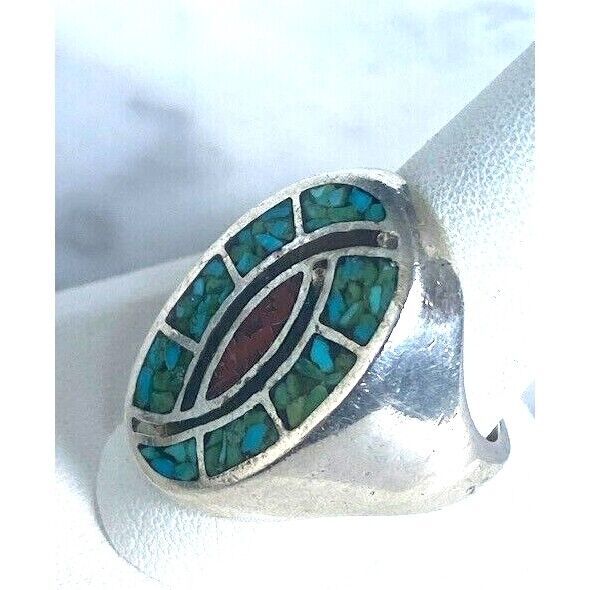 MENS 925 STERLING SILVER TURQUOISE AND CORAL INLAYED OVAL SIGNET RING SIZE SKY