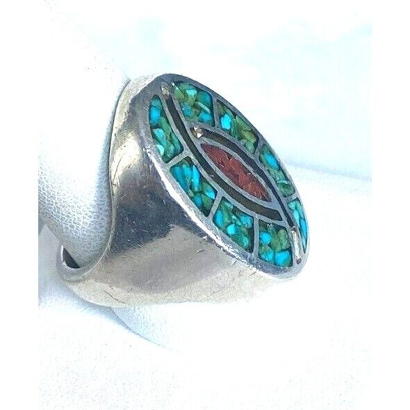 MENS 925 STERLING SILVER TURQUOISE AND CORAL INLAYED OVAL SIGNET RING SIZE SKY