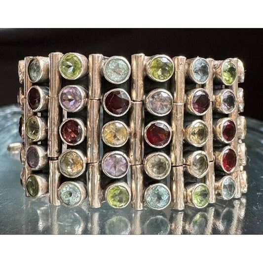 STUNNING WIDE 925 STERLING SILVER MULTI GEMSTONE BRACELET SKY