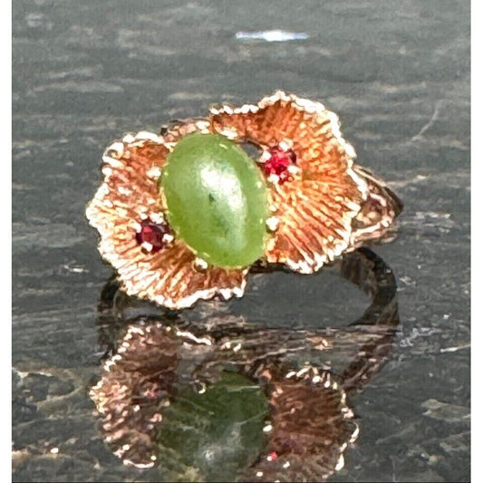 YELLOW GOLD NEPHRITE AND GARNET LILY PAD RING SIZE 6 SKY