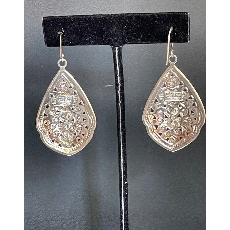 ORNATE PIERCED 925 STERLING SILVER FLORAL DANGLE EARRINGS SKY