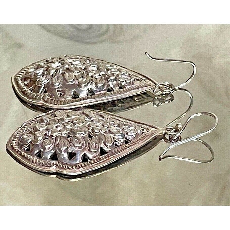 ORNATE PIERCED 925 STERLING SILVER FLORAL DANGLE EARRINGS SKY