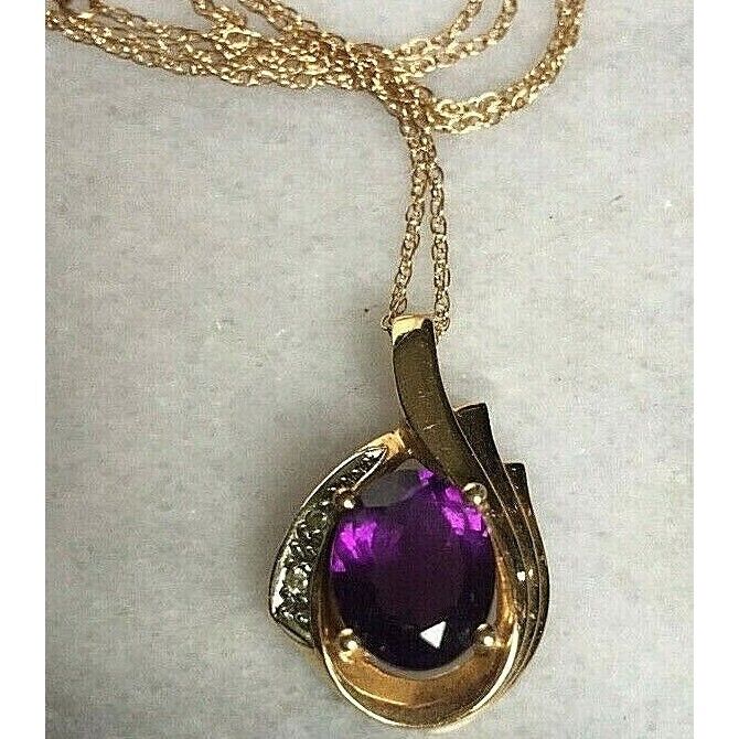 14K YELLOW GOLD AMETHYST & DIAMOND PENDANT NECKLACE SKY