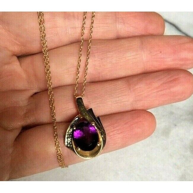 14K YELLOW GOLD AMETHYST & DIAMOND PENDANT NECKLACE SKY