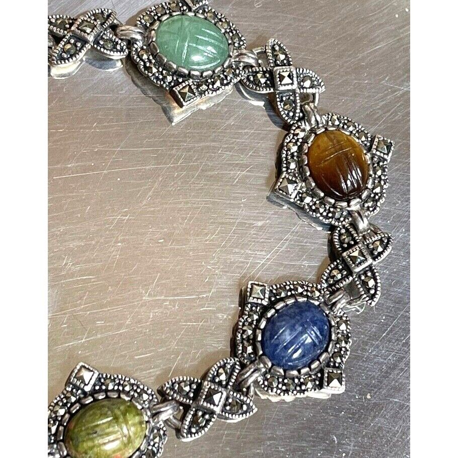 925 STERLING SILVER CARVED GEMSTONE LUCKY SCARABS AND MARCASITES BRACELET SKY