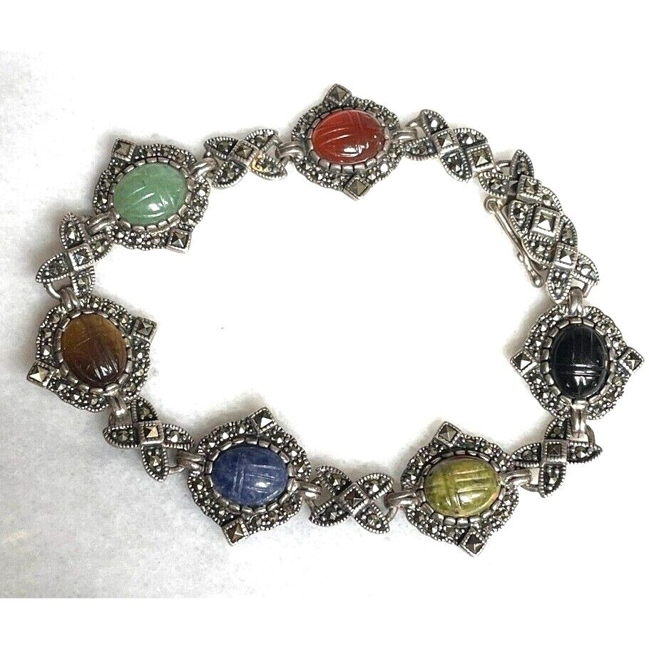 925 STERLING SILVER CARVED GEMSTONE LUCKY SCARABS AND MARCASITES BRACELET SKY