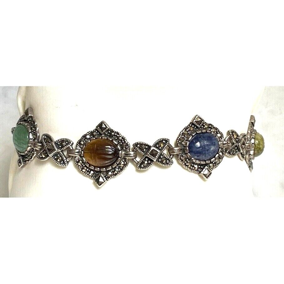 925 STERLING SILVER CARVED GEMSTONE LUCKY SCARABS AND MARCASITES BRACELET SKY