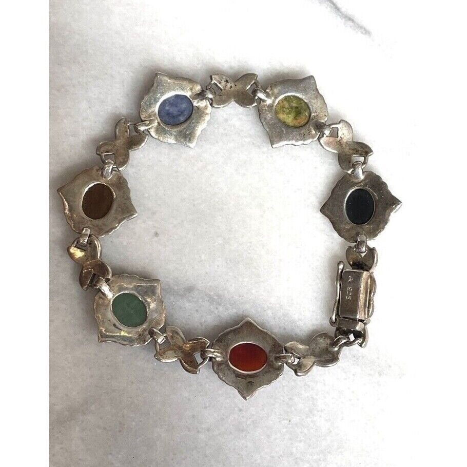 925 STERLING SILVER CARVED GEMSTONE LUCKY SCARABS AND MARCASITES BRACELET SKY