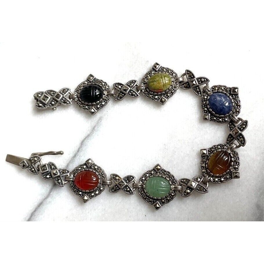 925 STERLING SILVER CARVED GEMSTONE LUCKY SCARABS AND MARCASITES BRACELET SKY