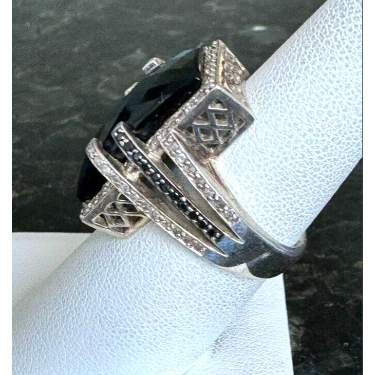 925 STERLING SILVER ONYX AND BLACK AND CLEAR DIAMONDS RING SIZE 7 SKY