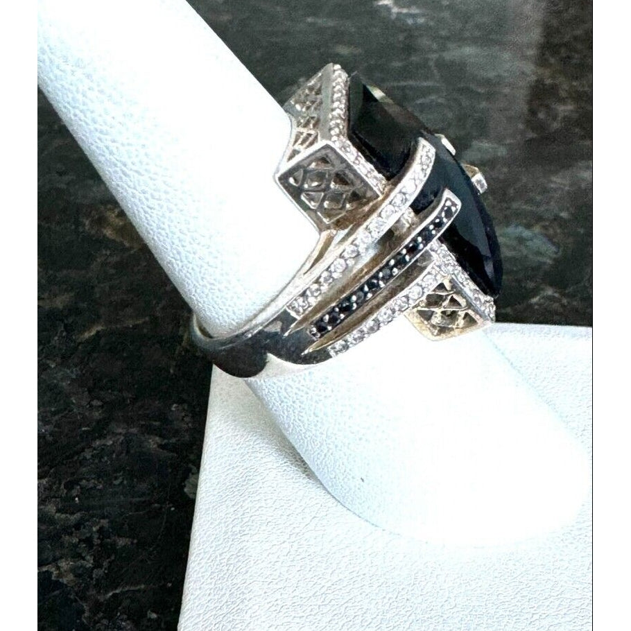 925 STERLING SILVER ONYX AND BLACK AND CLEAR DIAMONDS RING SIZE 7 SKY