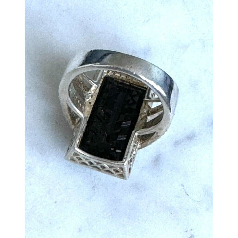 925 STERLING SILVER ONYX AND BLACK AND CLEAR DIAMONDS RING SIZE 7 SKY