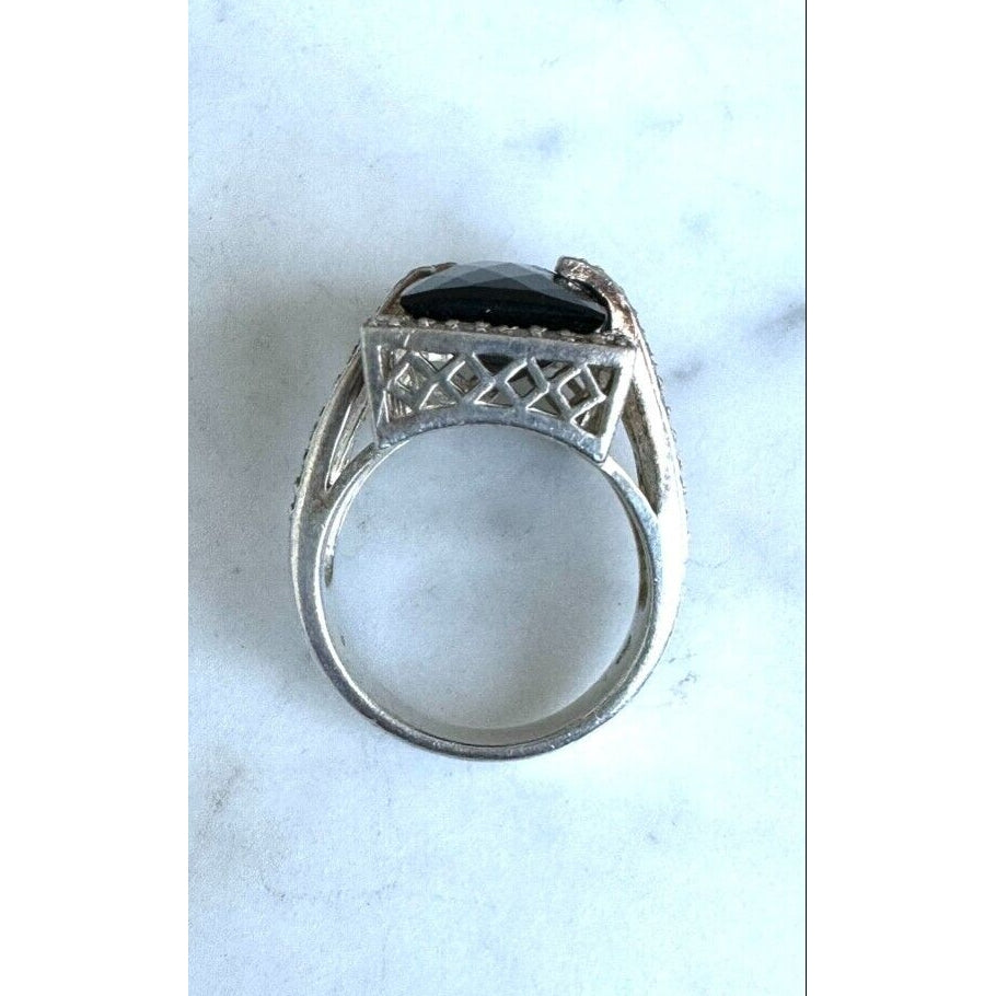 925 STERLING SILVER ONYX AND BLACK AND CLEAR DIAMONDS RING SIZE 7 SKY