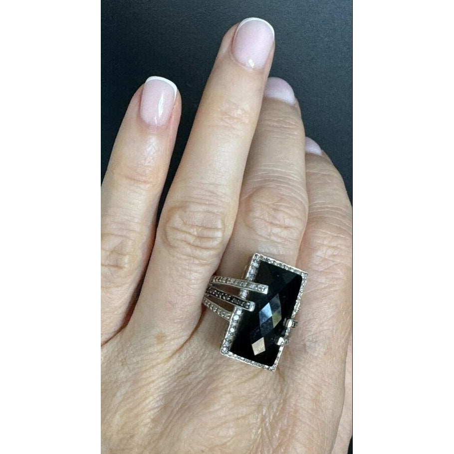 925 STERLING SILVER ONYX AND BLACK AND CLEAR DIAMONDS RING SIZE 7 SKY