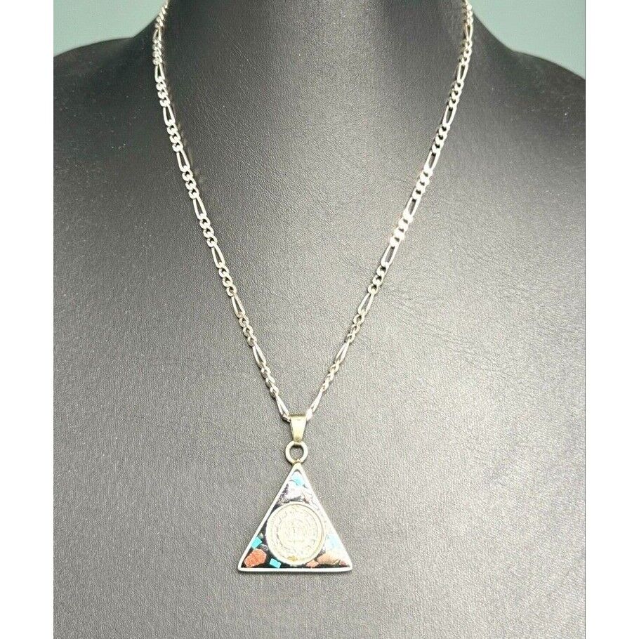 925 STERLING SILVER MULTI GEMS  MAYA CALENDAR DOUBLE SIDED  PENDANT NECKLACE SKY