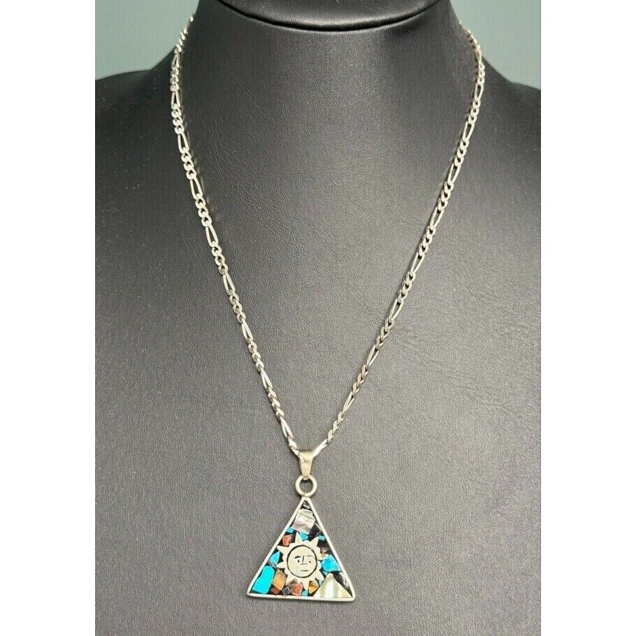 925 STERLING SILVER MULTI GEMS  MAYA CALENDAR DOUBLE SIDED  PENDANT NECKLACE SKY