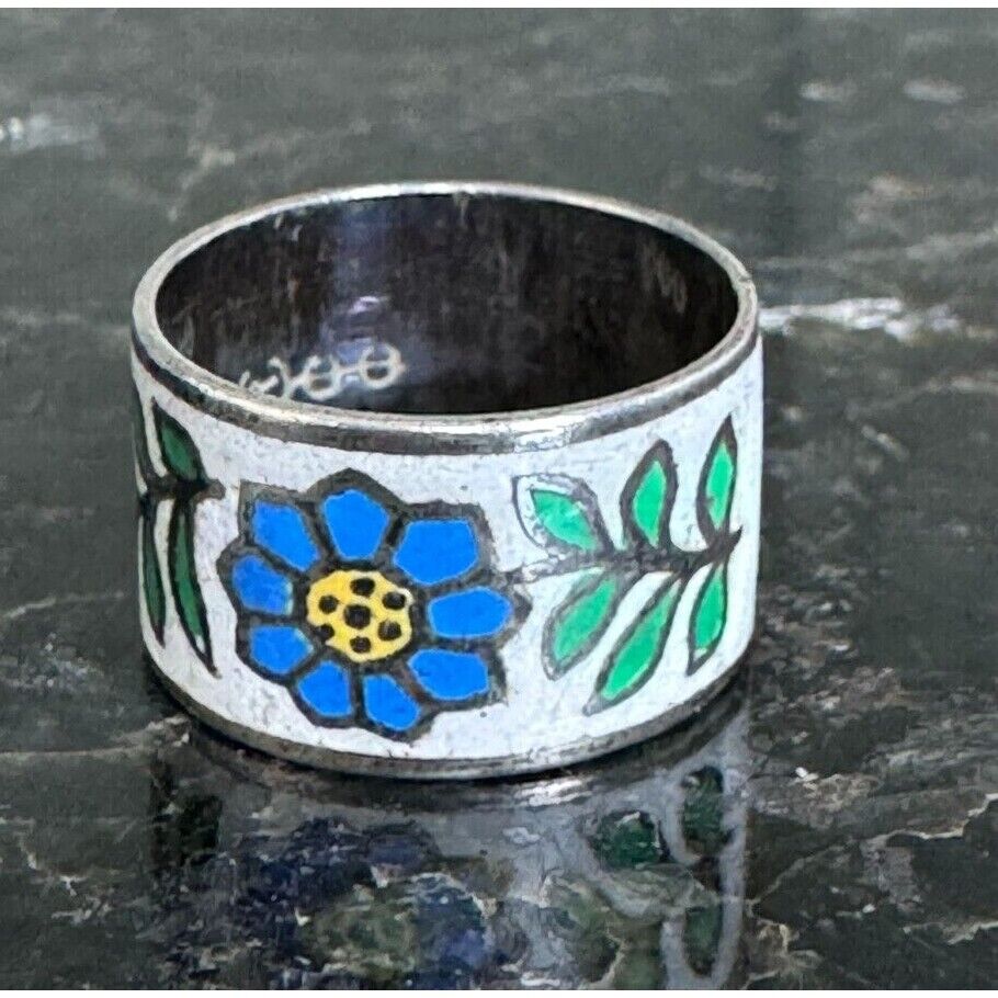 925 STERLING SILVER COLORFULL ENAMELS FLORAL BAND RING SIZE 5 SKY