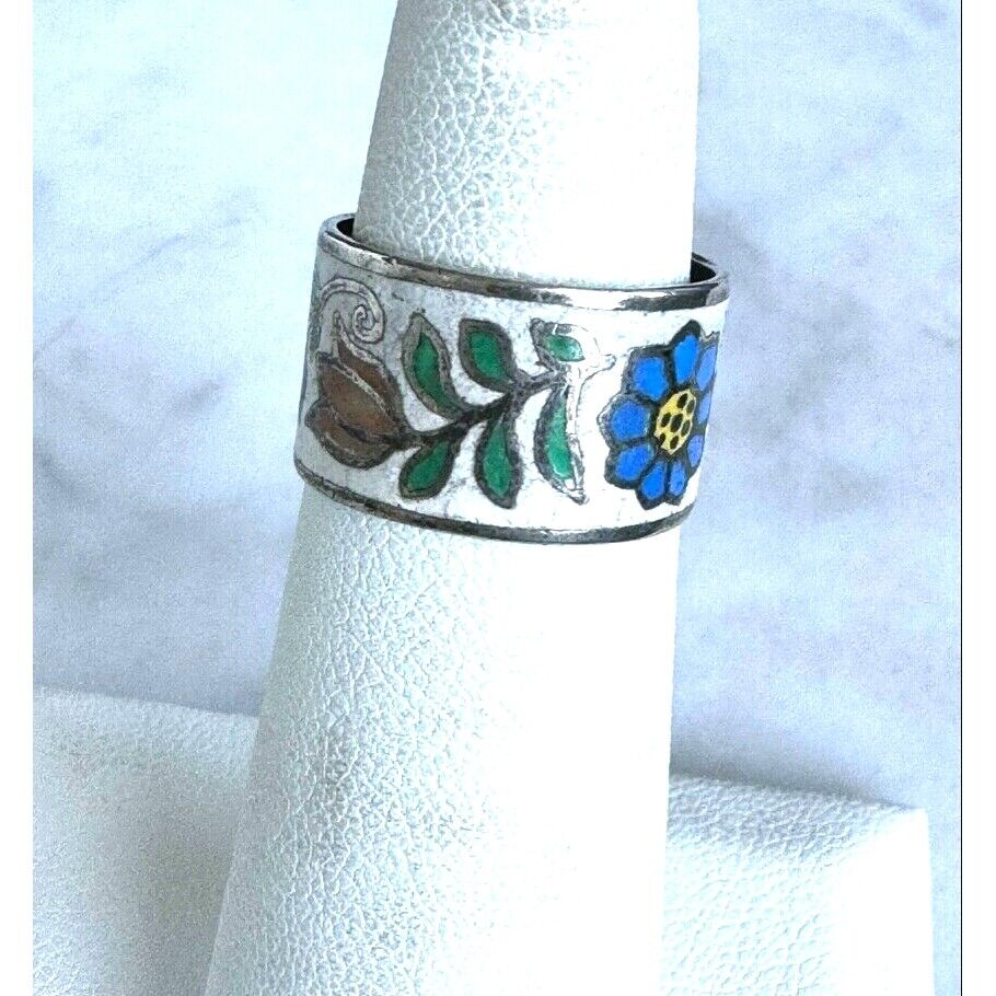 925 STERLING SILVER COLORFULL ENAMELS FLORAL BAND RING SIZE 5 SKY