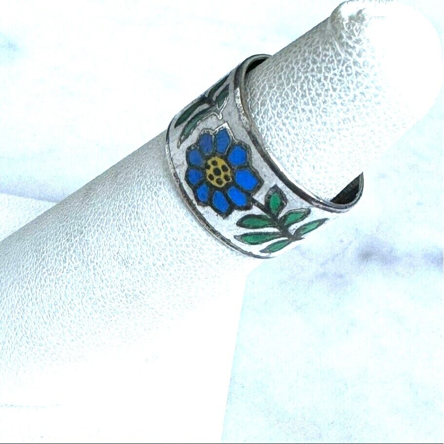 925 STERLING SILVER COLORFULL ENAMELS FLORAL BAND RING SIZE 5 SKY