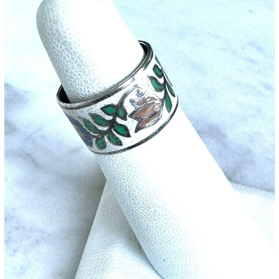 925 STERLING SILVER COLORFULL ENAMELS FLORAL BAND RING SIZE 5 SKY