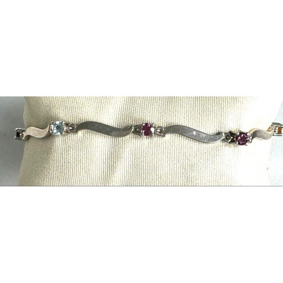 925 STERLING SILVER AND AMETHYST CARVED BAR LINKS TENNIS BRACELET SKY