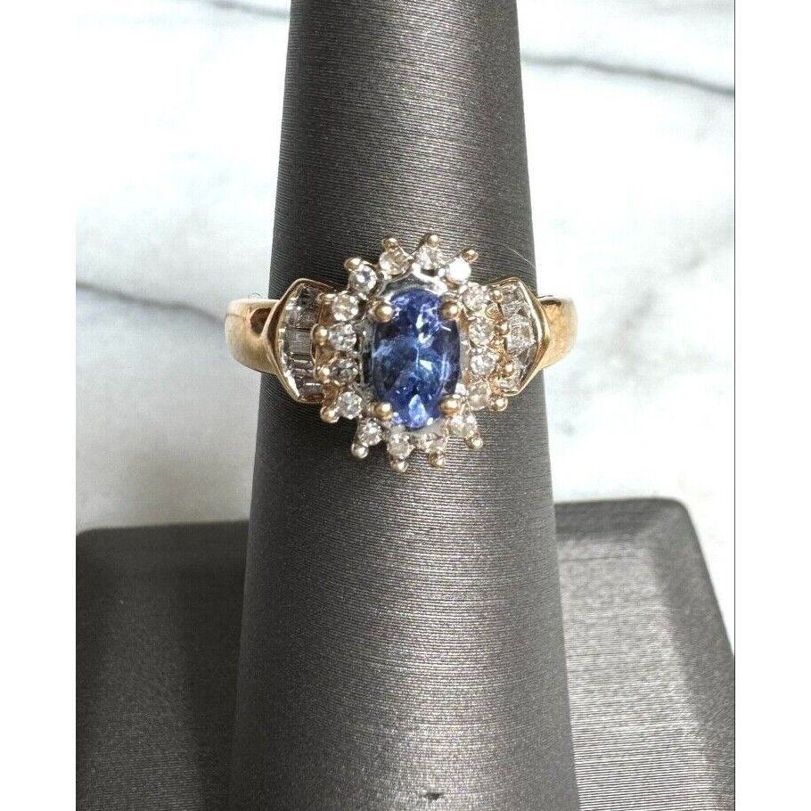 YELLOW GOLD  TANZANITE AND DIAMOND RING SIZE 5 SKY