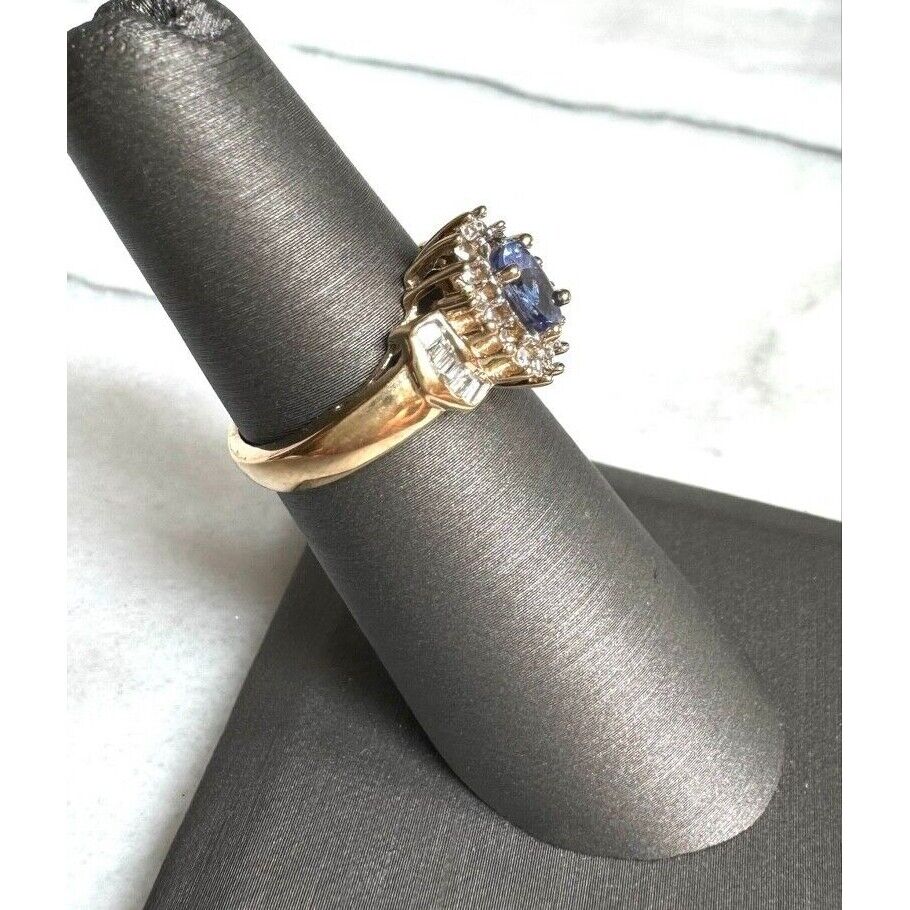 YELLOW GOLD  TANZANITE AND DIAMOND RING SIZE 5 SKY