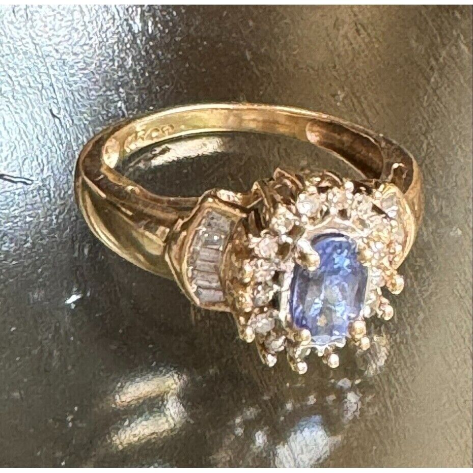 YELLOW GOLD  TANZANITE AND DIAMOND RING SIZE 5 SKY