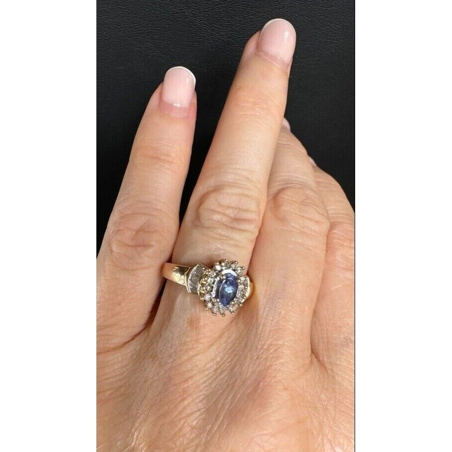 YELLOW GOLD  TANZANITE AND DIAMOND RING SIZE 5 SKY