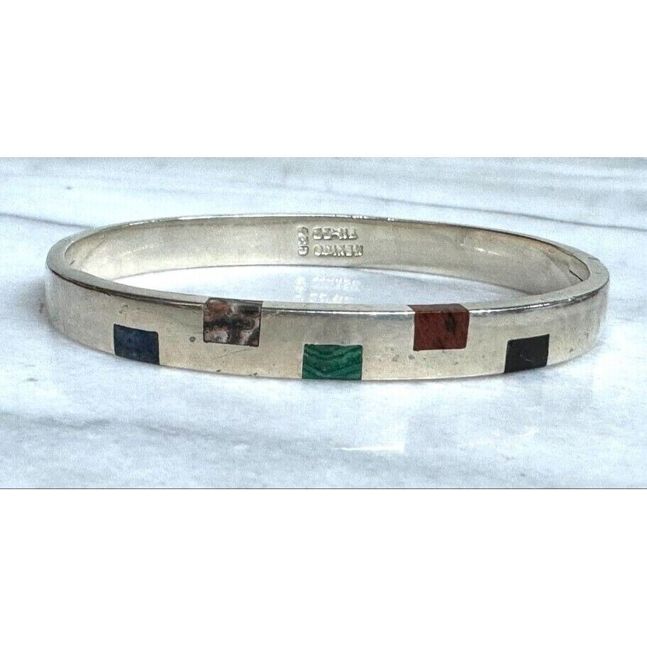 Well Made Solid 925 Sterling Silver Gems Inlaid Bracelet by Taxco SKY