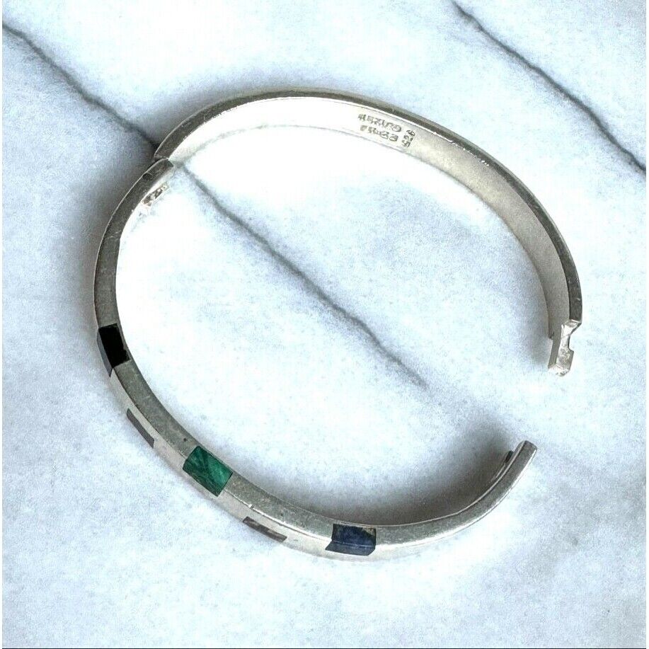 Well Made Solid 925 Sterling Silver Gems Inlaid Bracelet by Taxco SKY