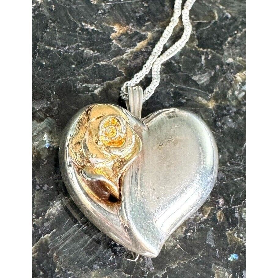 GORHAM 925 STERLING SILVER HEART WITH GOLD ROSE PENDANT NECKLACE SKY