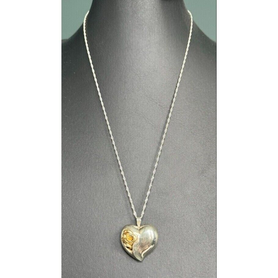 GORHAM 925 STERLING SILVER HEART WITH GOLD ROSE PENDANT NECKLACE SKY