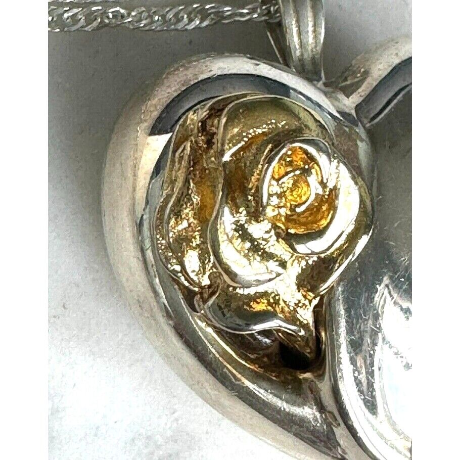 GORHAM 925 STERLING SILVER HEART WITH GOLD ROSE PENDANT NECKLACE SKY