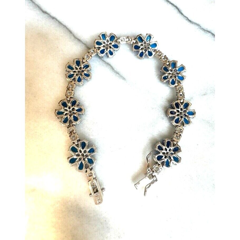 GORGEOUS SPARKLING 925 STERLING SILVER  BLUE AND CLEAR GEMS FLOWER BRACELET SKY