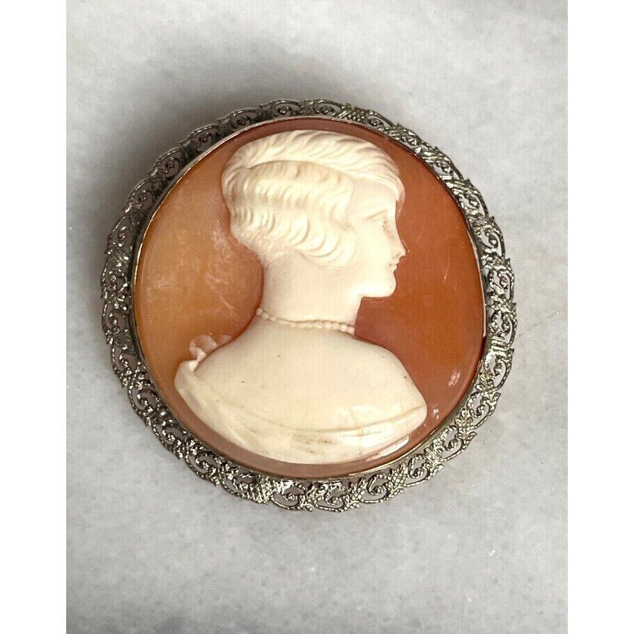 ART DECO 14K WHITE GOLD CAMEO BROOCH SKY