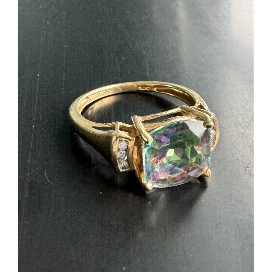 YELLOW GOLD MYSTIC TOPAZ AND DIAMOND RING SIZE 7.25 SKY