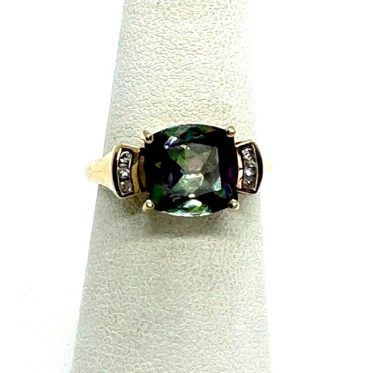 YELLOW GOLD MYSTIC TOPAZ AND DIAMOND RING SIZE 7.25 SKY