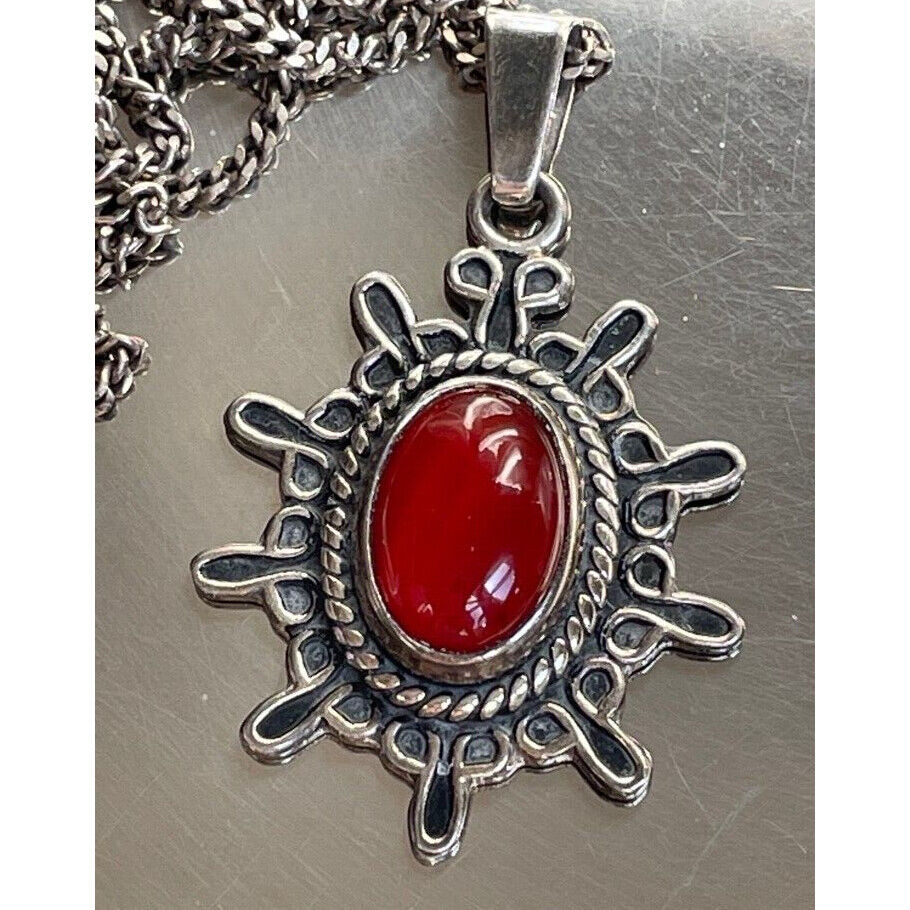 925 STERLING SILVER & LARGE CARNELIAN CABOCHON PENDANT NECKLACE SKY