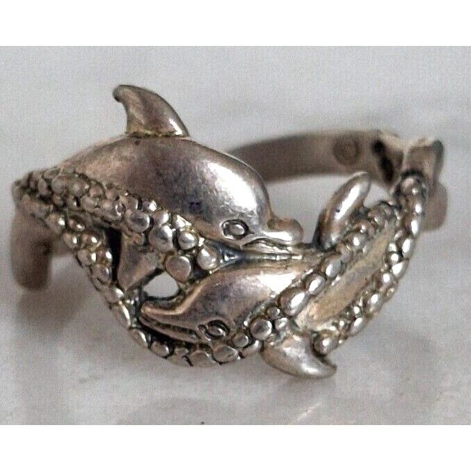 925 STERLING SILVER TWO DOLPHINS RING SIZE 6.75 SKY