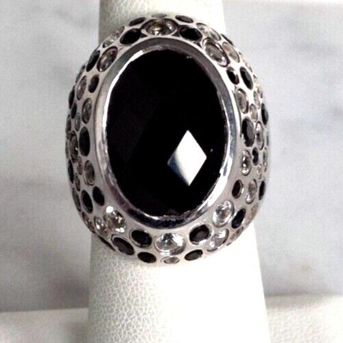 HUGE 925 STERLING SILVER BLACK TOURMALINE  AND  COLORLESS  TOPAZ  SIZE 7 SKY